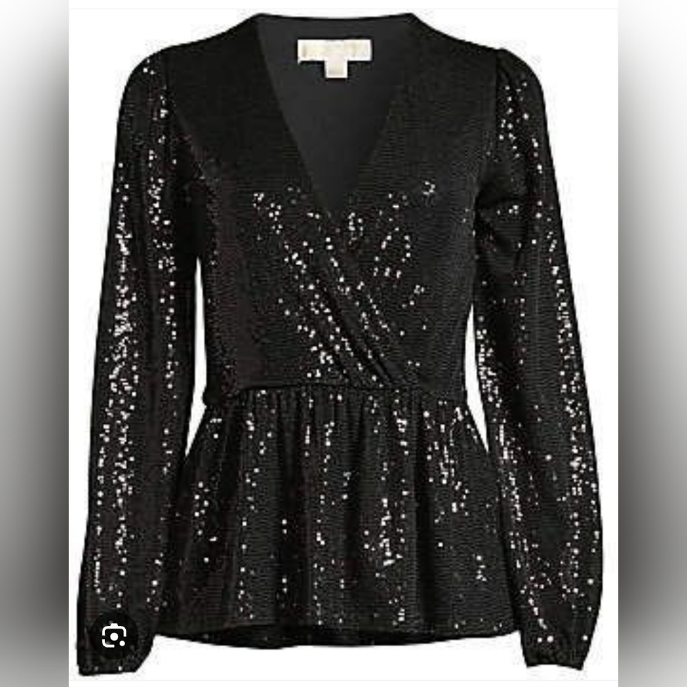 MICHAEL Michael Kors Black Mirror Dot Sequin Faux-Wrap Top Blouson Sleeve - Picture 2 of 8